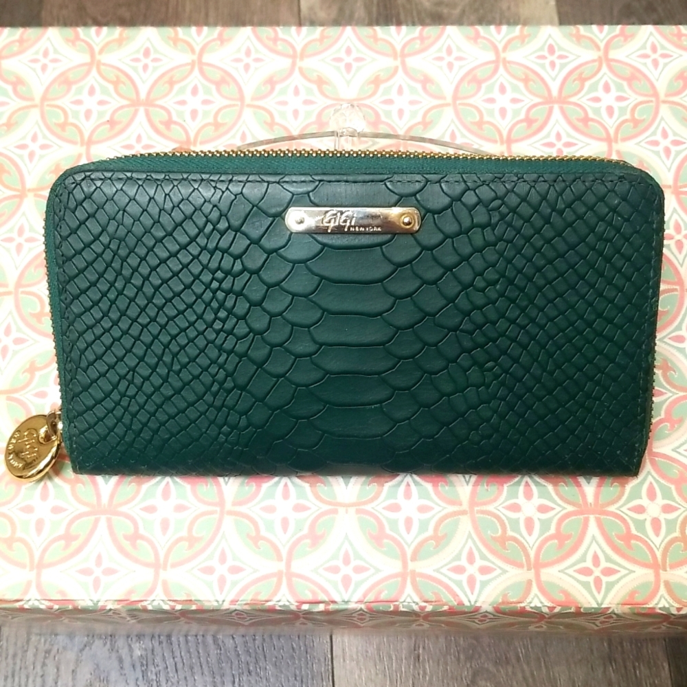 GiGi New York Teal Embossed Snake-Texture Zip Wallet